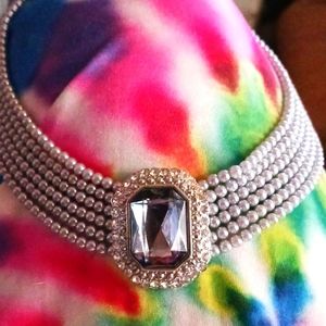 Vtg Silver Pearl and Crystal Choker  Necklace